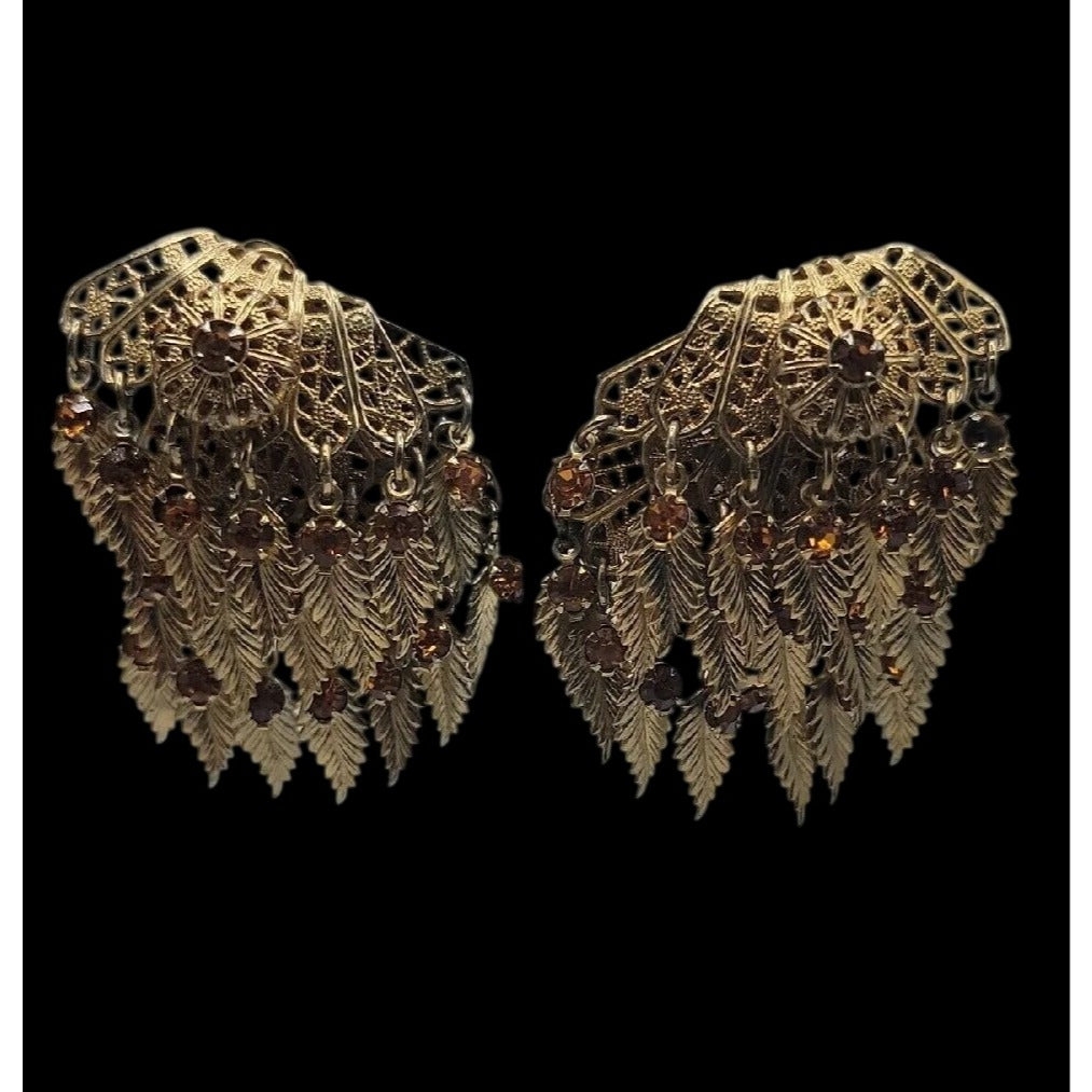 VTG Miriam Haskell Feather Rhinestones Clip On Earrings 1930s Statement Unsigned