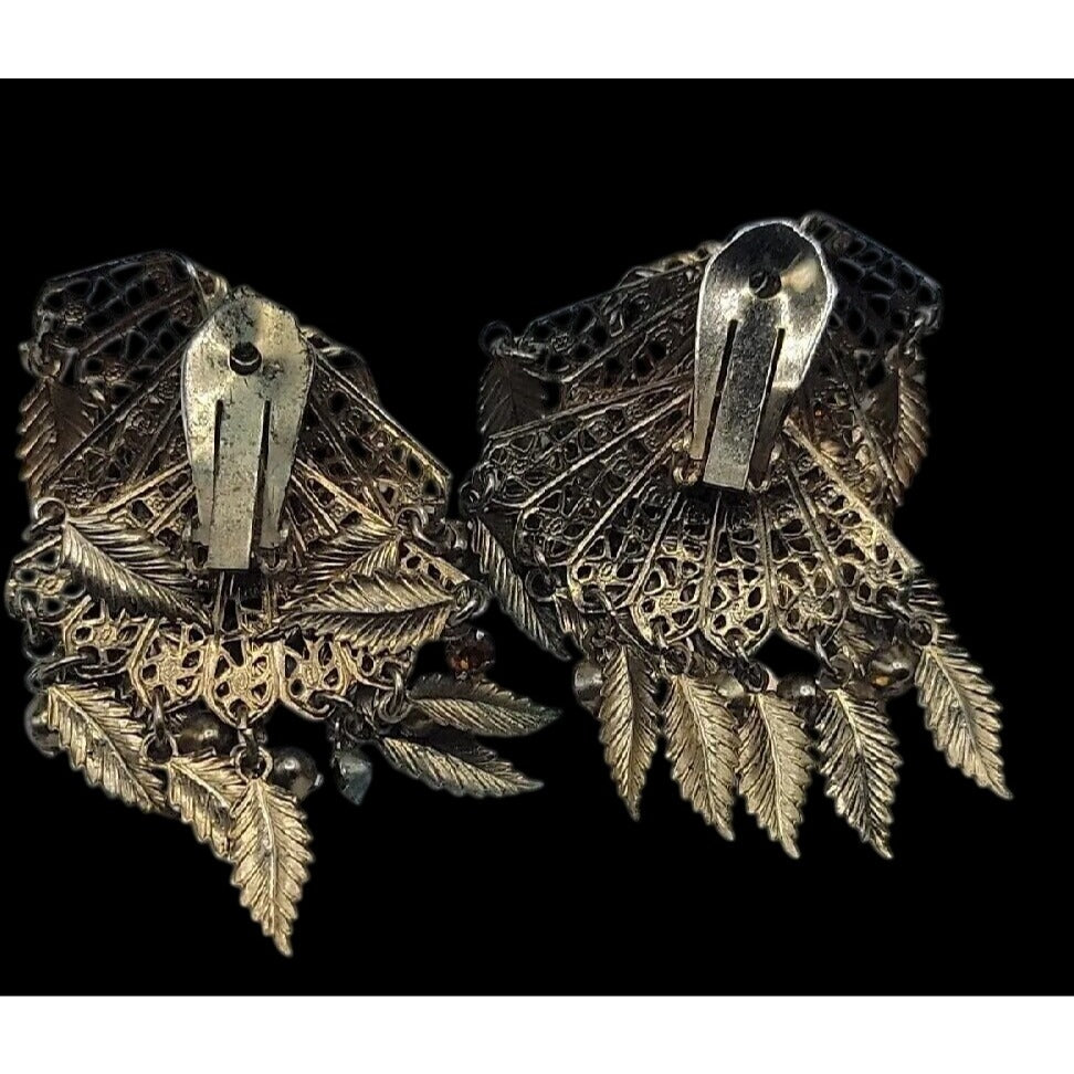 VTG Miriam Haskell Feather Rhinestones Clip On Earrings 1930s Statement Unsigned