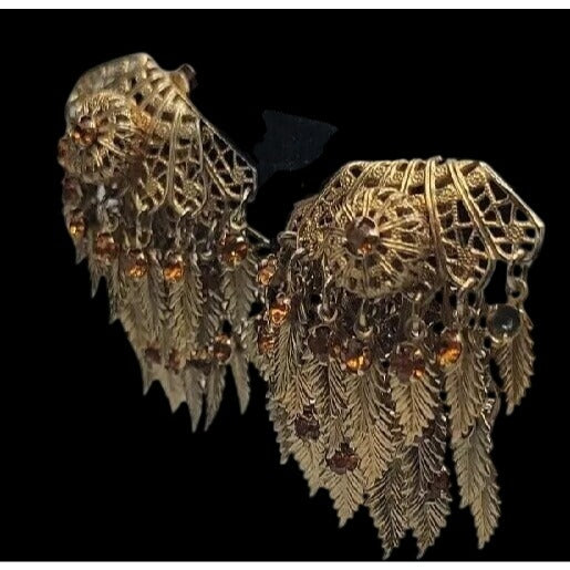 VTG Miriam Haskell Feather Rhinestones Clip On Earrings 1930s Statement Unsigned