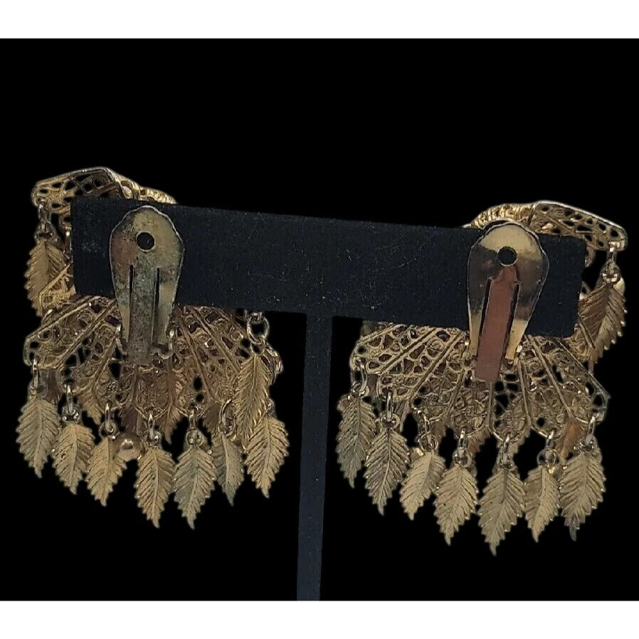 VTG Miriam Haskell Feather Rhinestones Clip On Earrings 1930s Statement Unsigned