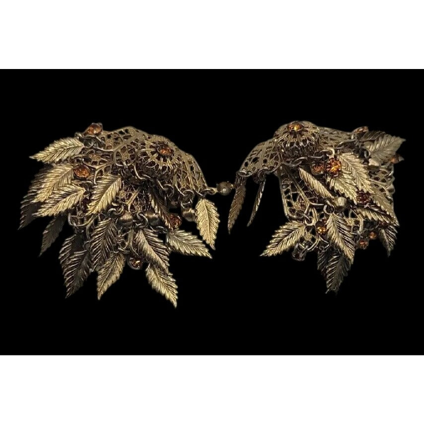 VTG Miriam Haskell Feather Rhinestones Clip On Earrings 1930s Statement Unsigned