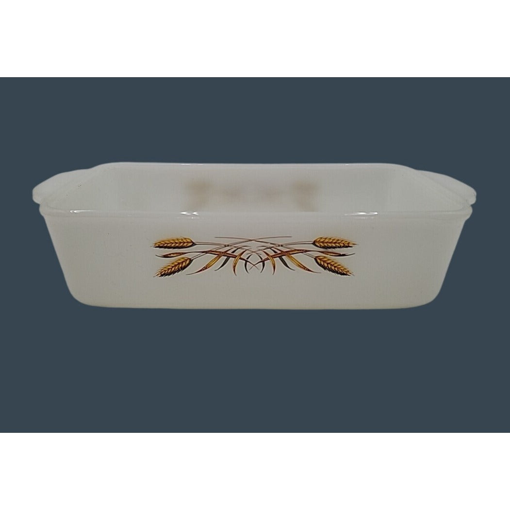 Vintage Fire King Anchor Hocking Milk Glass Golden Wheat Harvest Loaf Pan 1 qt