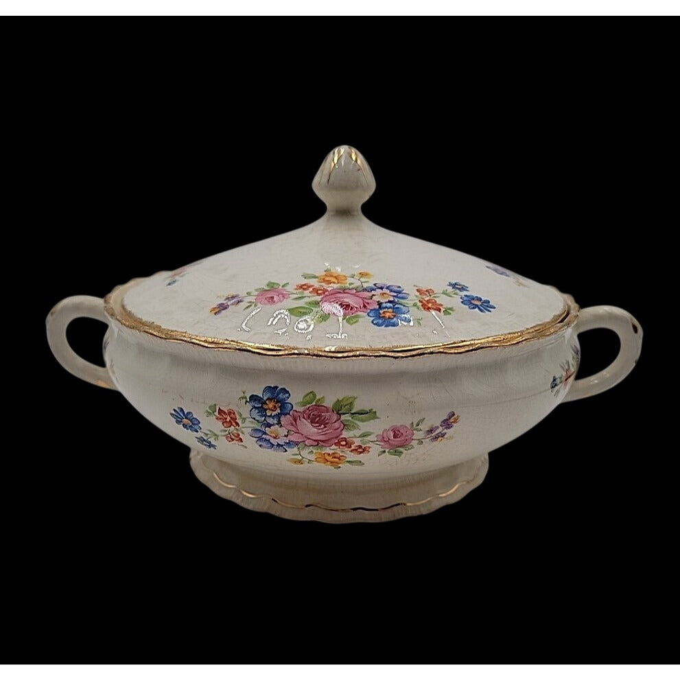 Vintage Pope-Gosser China Flora Bell Covered Vegetable Bowl Lid 1930s Sterling
