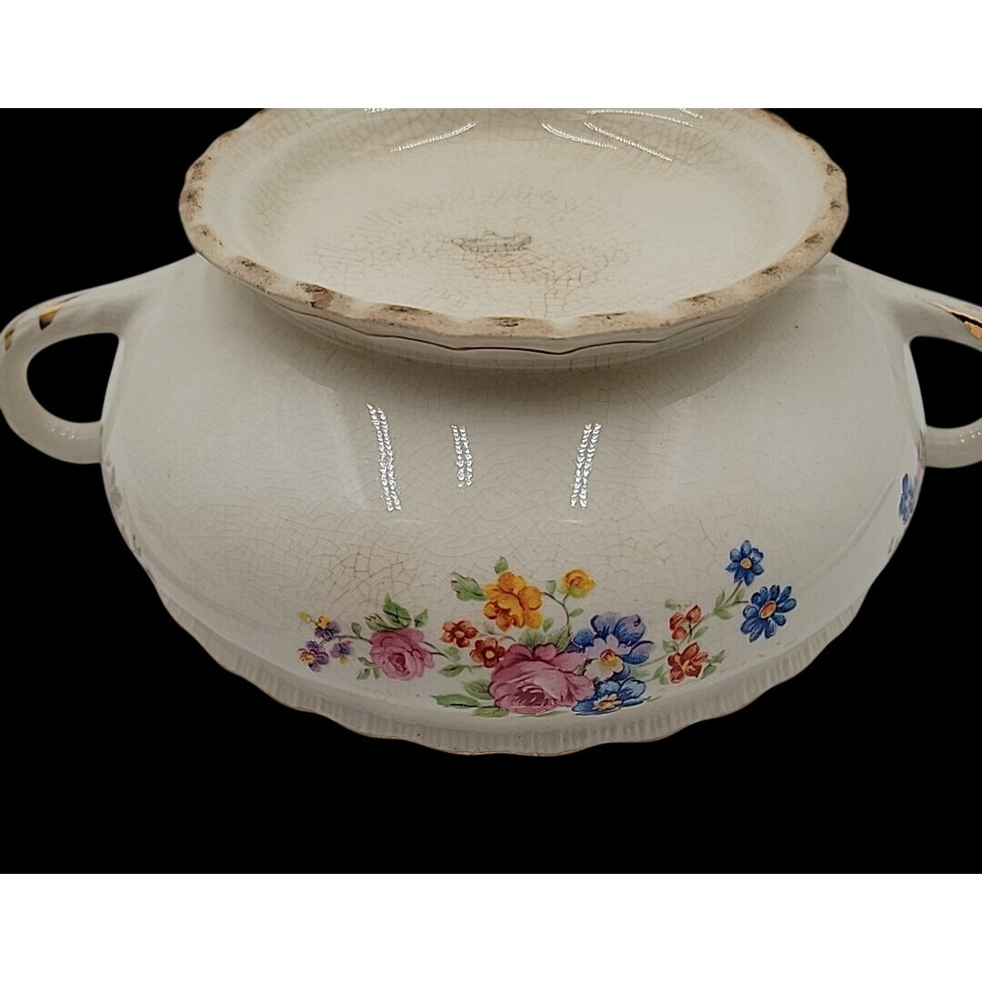 Vintage Pope-Gosser China Flora Bell Covered Vegetable Bowl Lid 1930s Sterling
