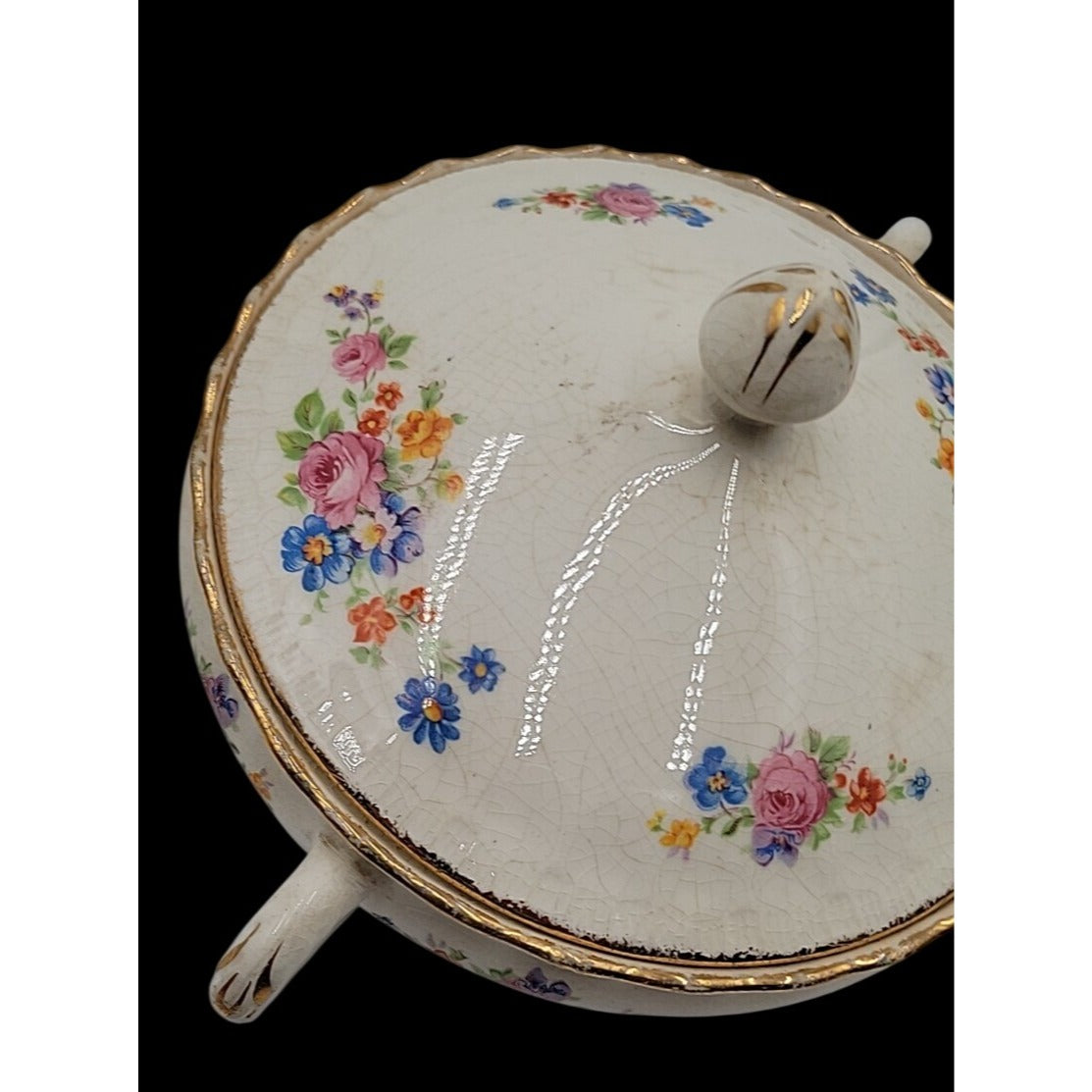 Vintage Pope-Gosser China Flora Bell Covered Vegetable Bowl Lid 1930s Sterling