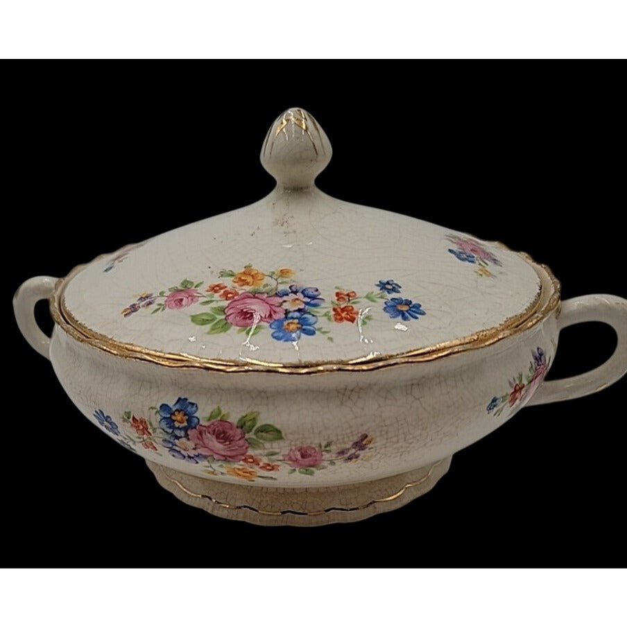 Vintage Pope-Gosser China Flora Bell Covered Vegetable Bowl Lid 1930s Sterling