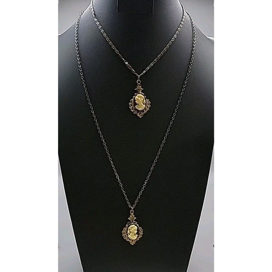 Double Faux Glass Cameo Necklace 18" Gold Tone Chain Right & Left Facing
