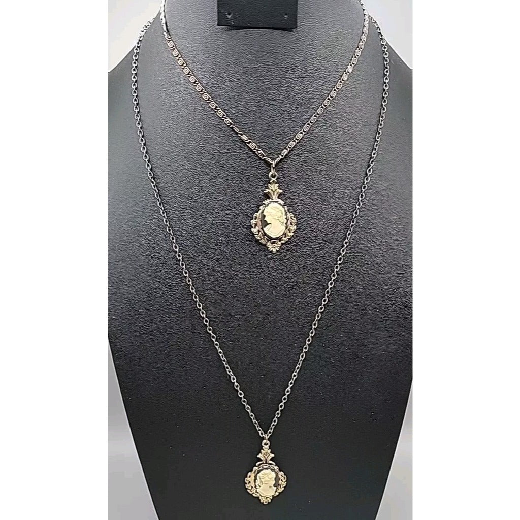 Double Faux Glass Cameo Necklace 18" Gold Tone Chain Right & Left Facing