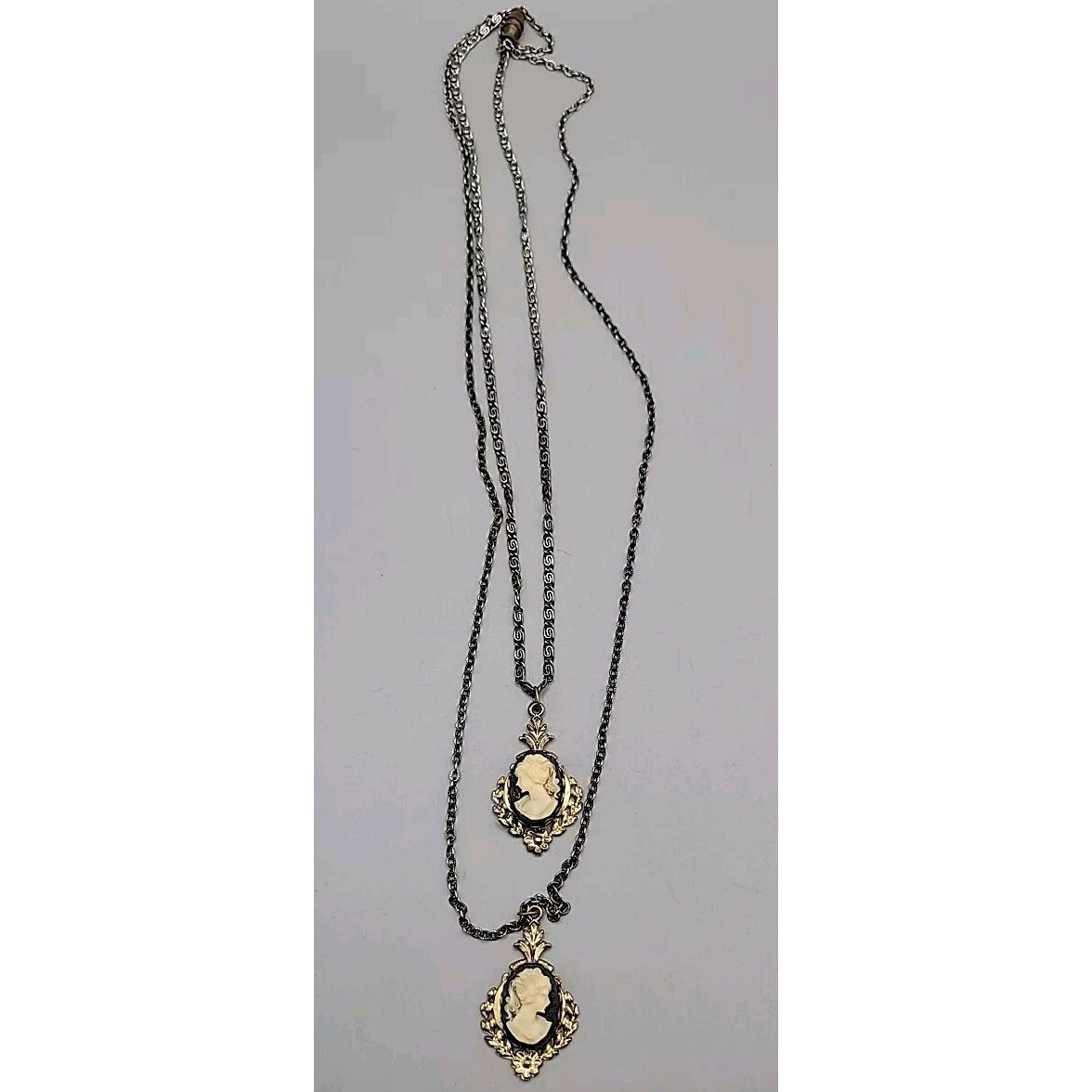 Double Faux Glass Cameo Necklace 18" Gold Tone Chain Right & Left Facing
