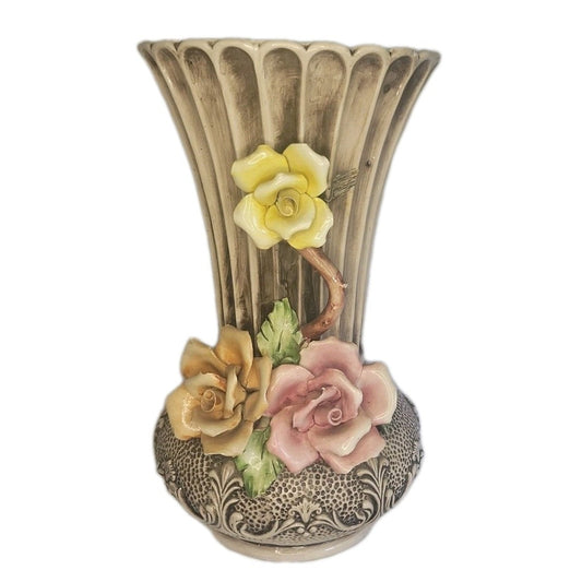Capodimonte Vase Italy Vintage Large Handmade Porcelain Flowers Urn 14" Tall