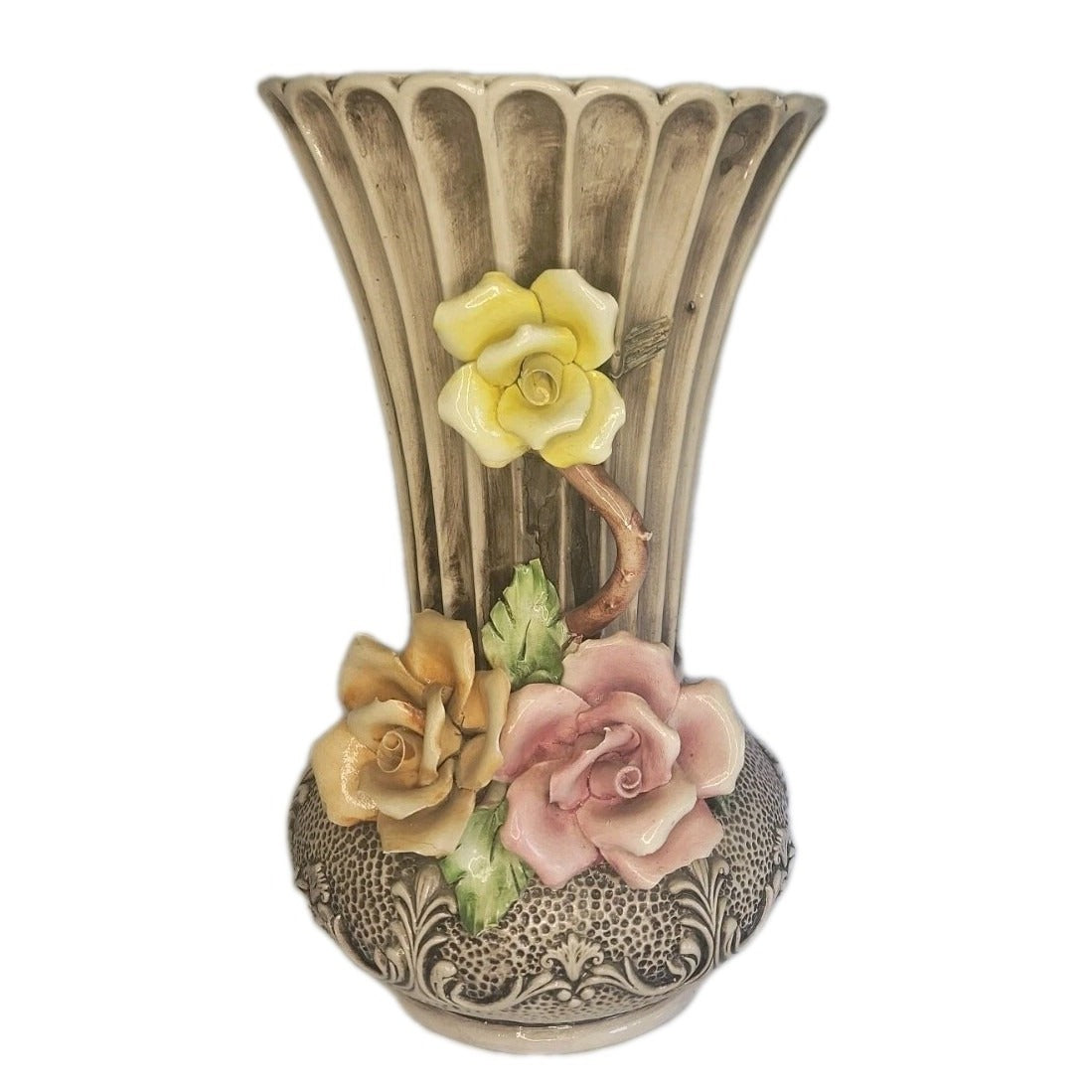 Capodimonte Vase Italy Vintage Large Handmade Porcelain Flowers Urn 14" Tall