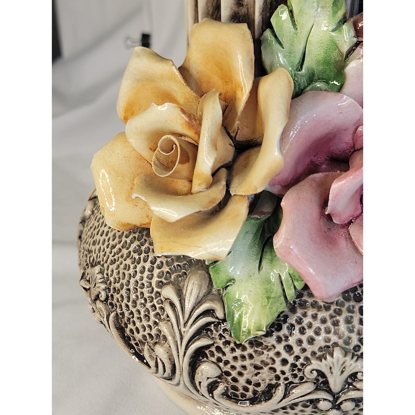 Capodimonte Vase Italy Vintage Large Handmade Porcelain Flowers Urn 14" Tall
