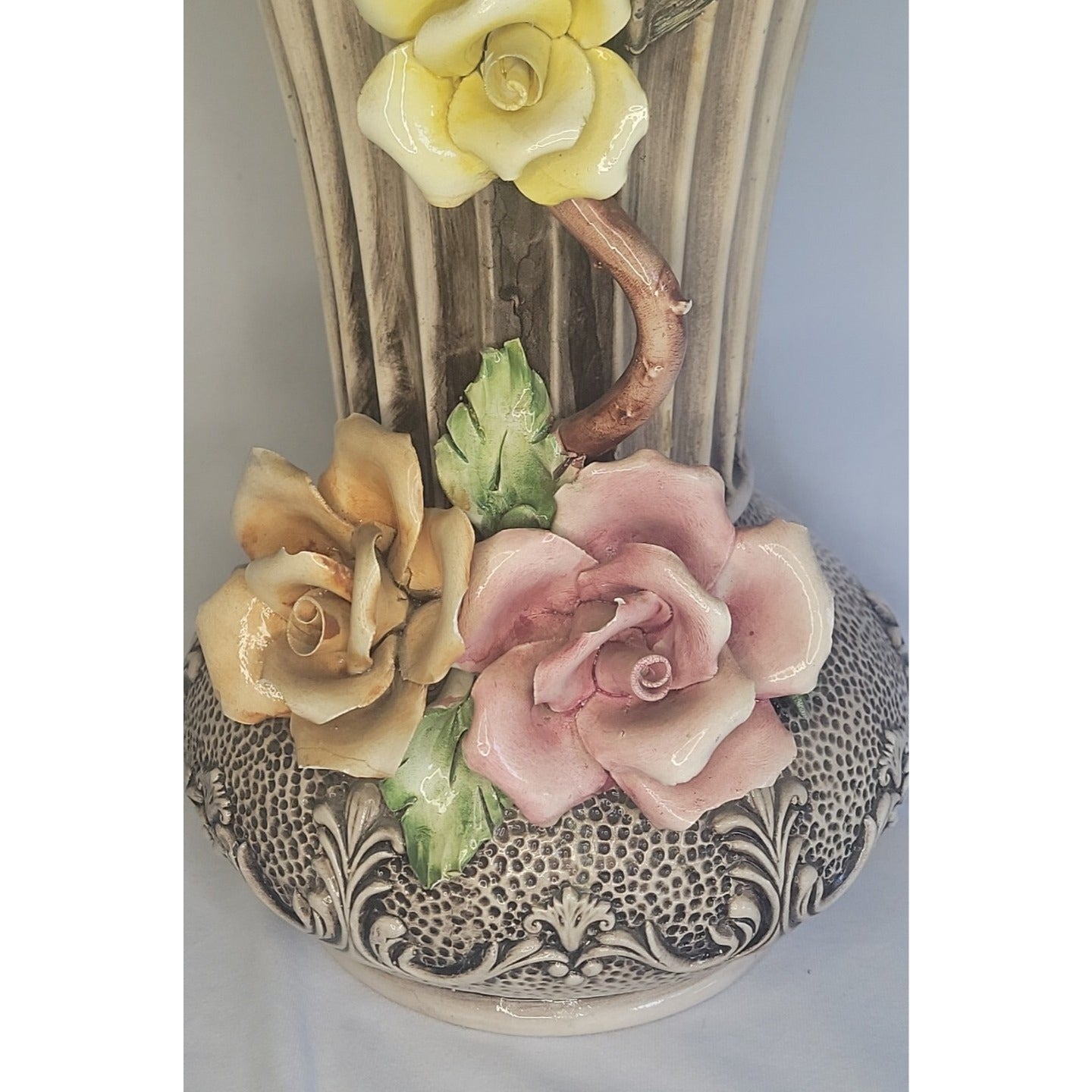 Capodimonte Vase Italy Vintage Large Handmade Porcelain Flowers Urn 14" Tall