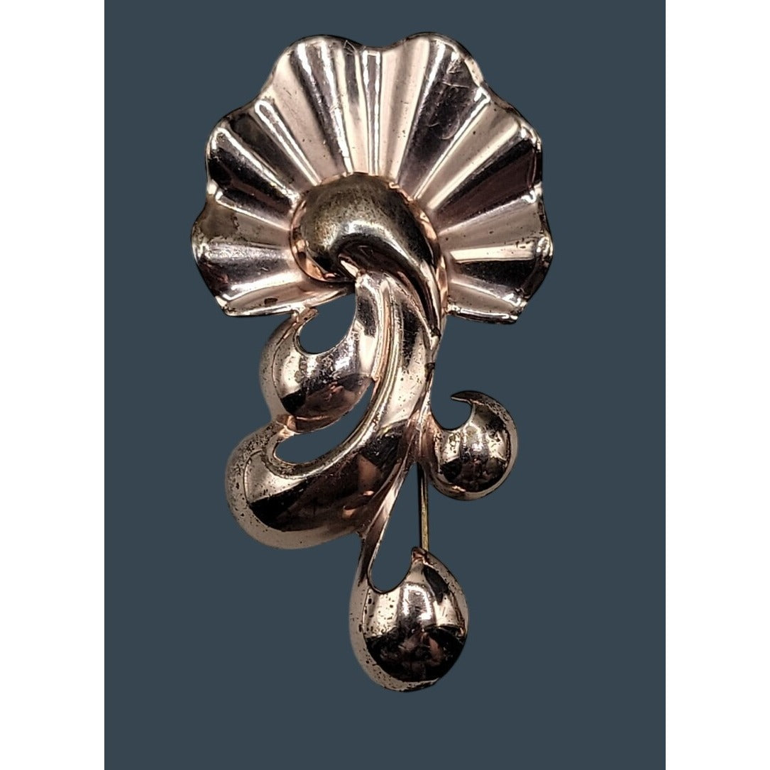 Rare 1940s Vintage MONET STERLING Silver Rose Gold Vermeil Retro Fan Brooch Pin
