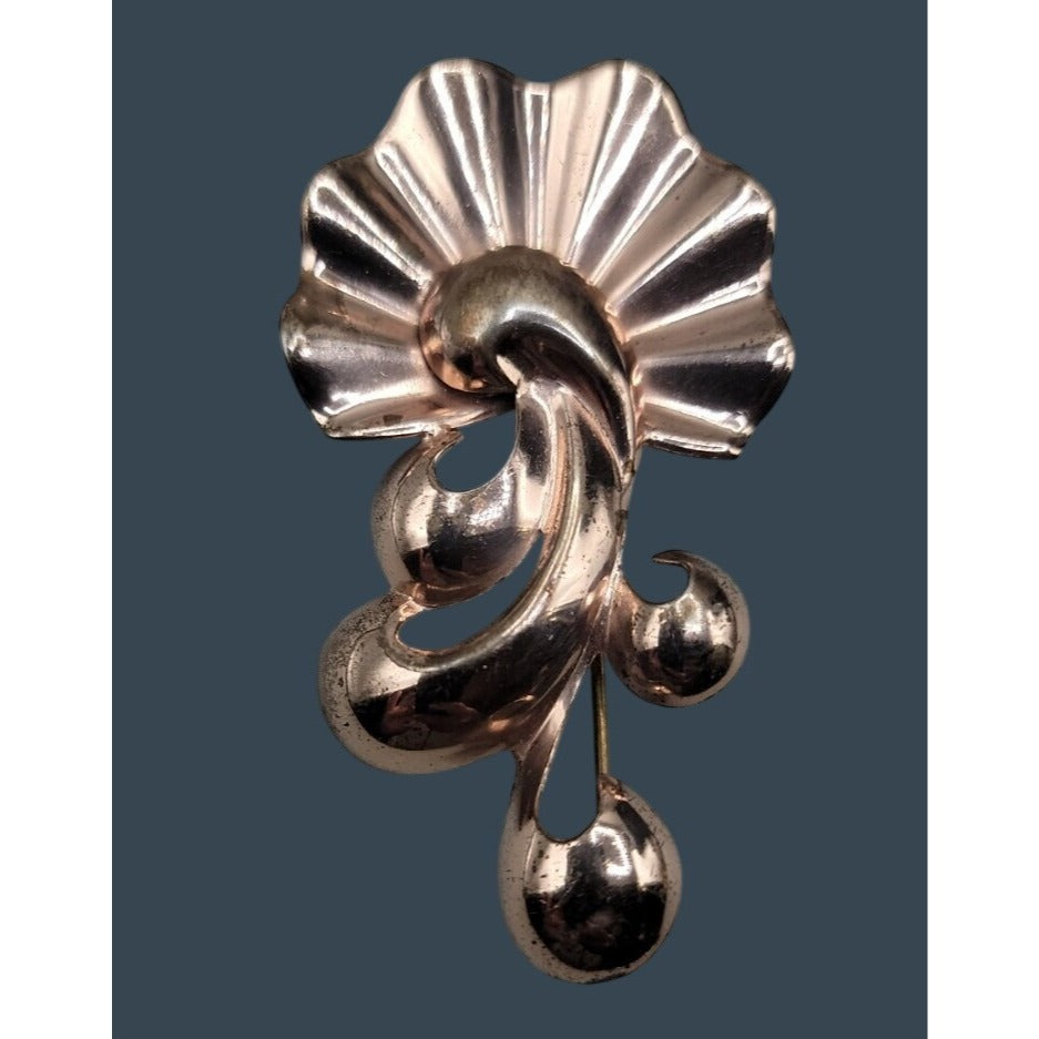 Rare 1940s Vintage MONET STERLING Silver Rose Gold Vermeil Retro Fan Brooch Pin