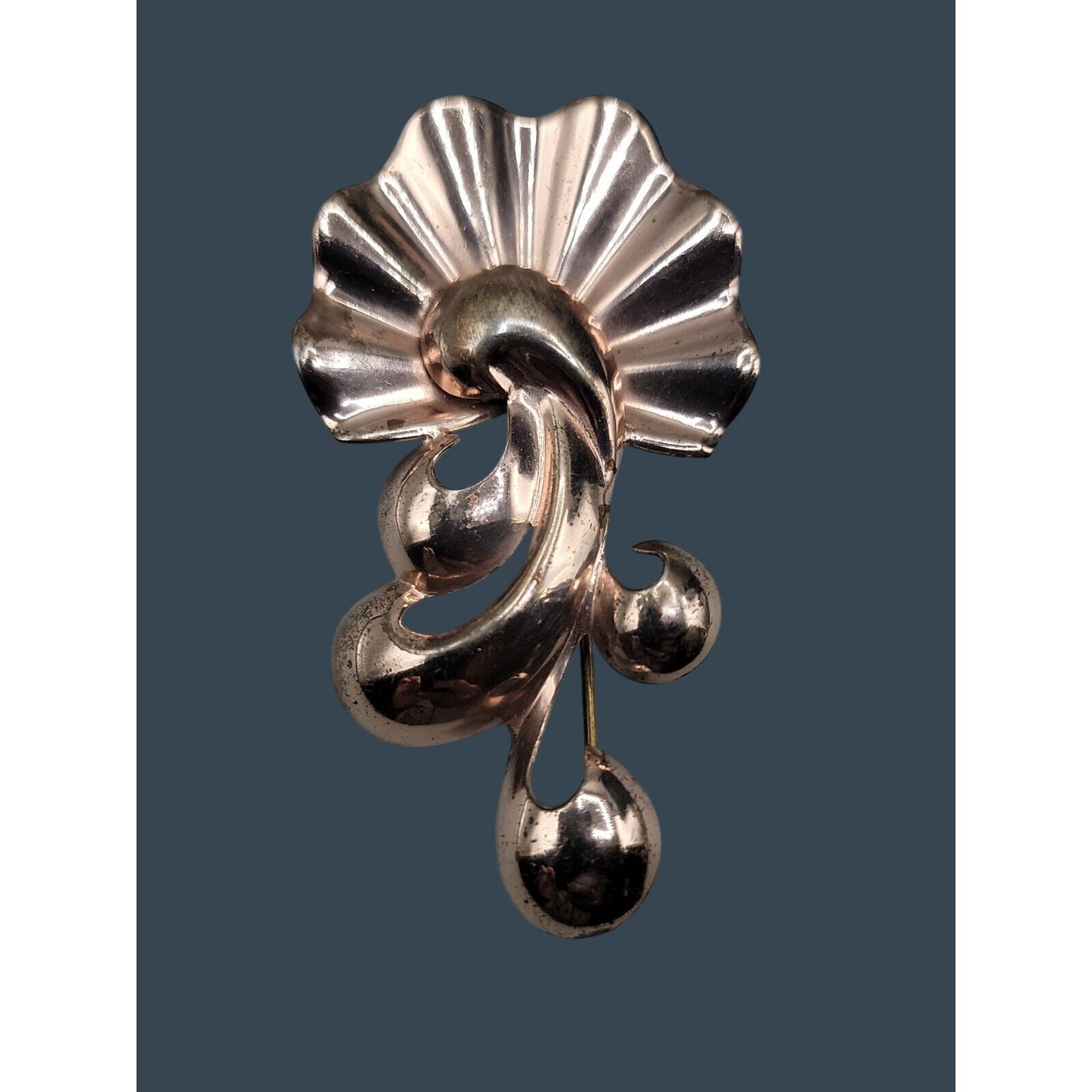 Rare 1940s Vintage MONET STERLING Silver Rose Gold Vermeil Retro Fan Brooch Pin