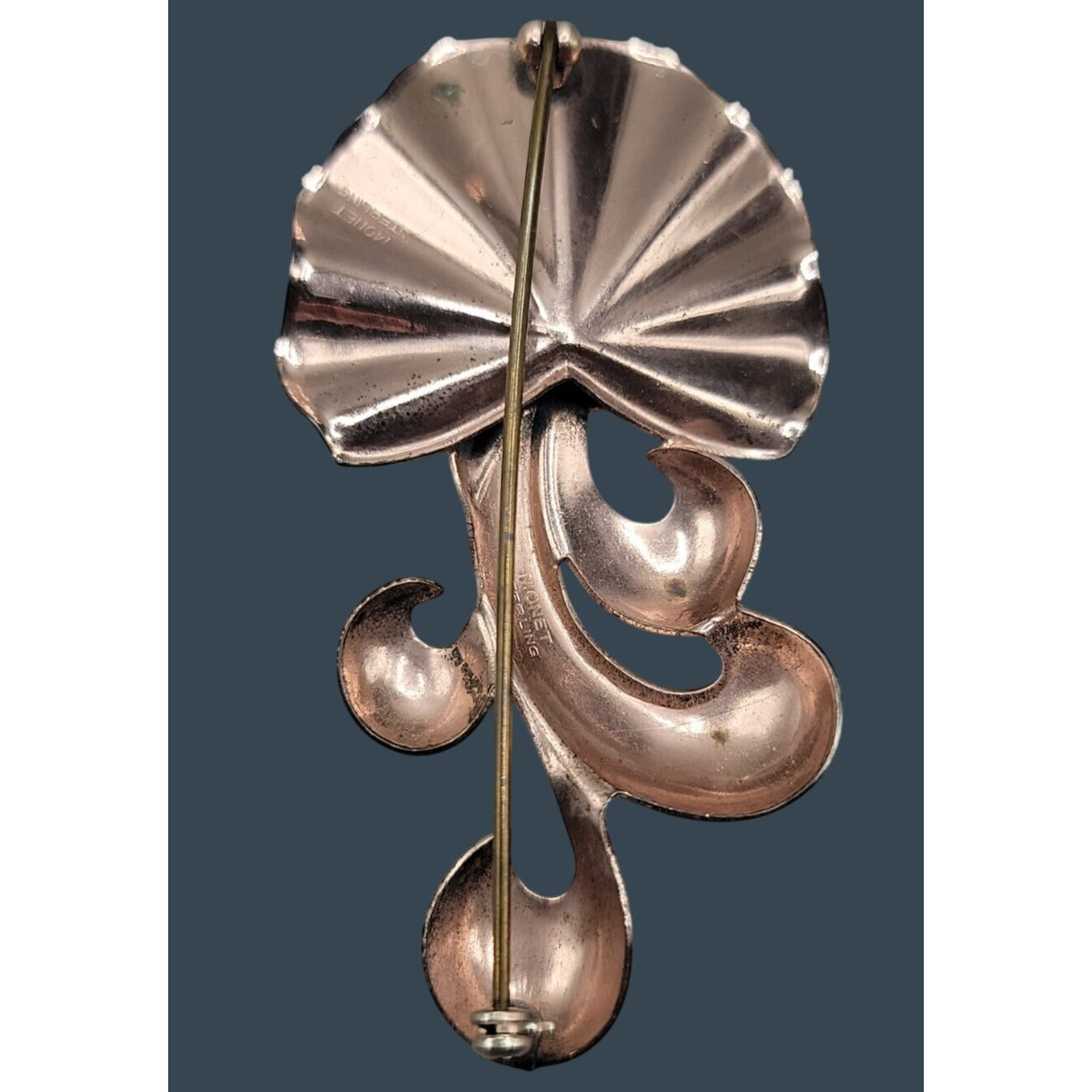 Rare 1940s Vintage MONET STERLING Silver Rose Gold Vermeil Retro Fan Brooch Pin