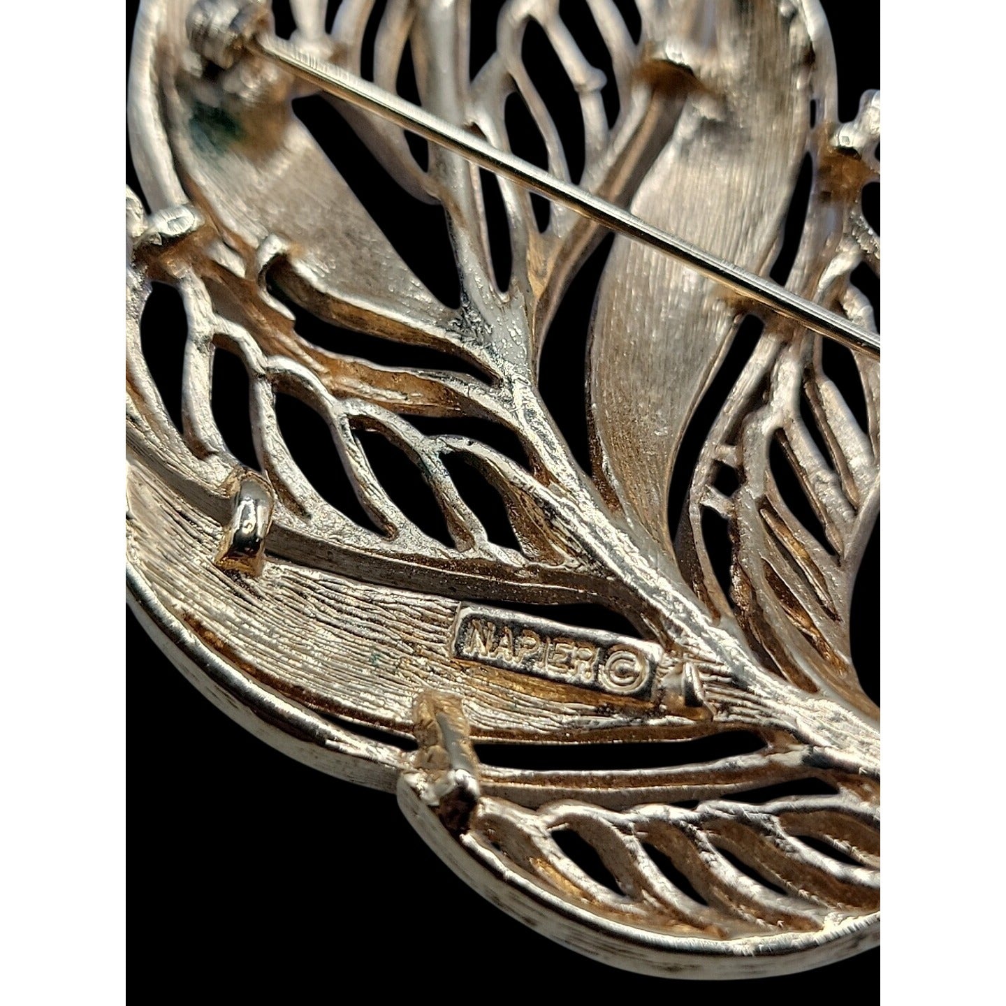 Napier Leaf Brooch Ribbed & Open Metal Work Sections Vintage Gold Tone