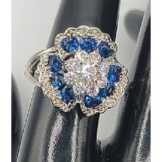 Sterling Silver Crystal Flower Ring Blue Clear Stones 925 Ruffled Petals SZ 9