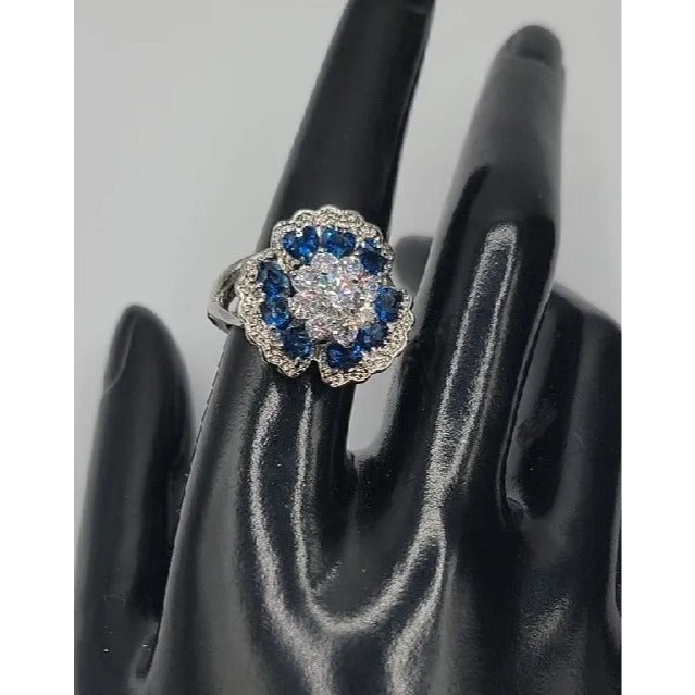 Sterling Silver Crystal Flower Ring Blue Clear Stones 925 Ruffled Petals SZ 9