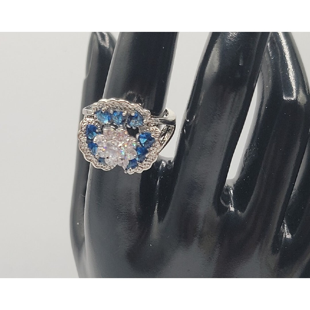 Sterling Silver Crystal Flower Ring Blue Clear Stones 925 Ruffled Petals SZ 9