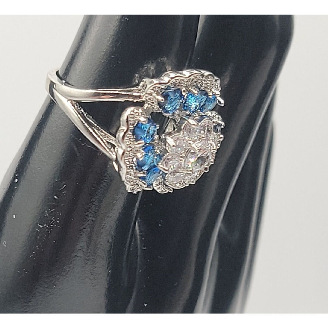 Sterling Silver Crystal Flower Ring Blue Clear Stones 925 Ruffled Petals SZ 9