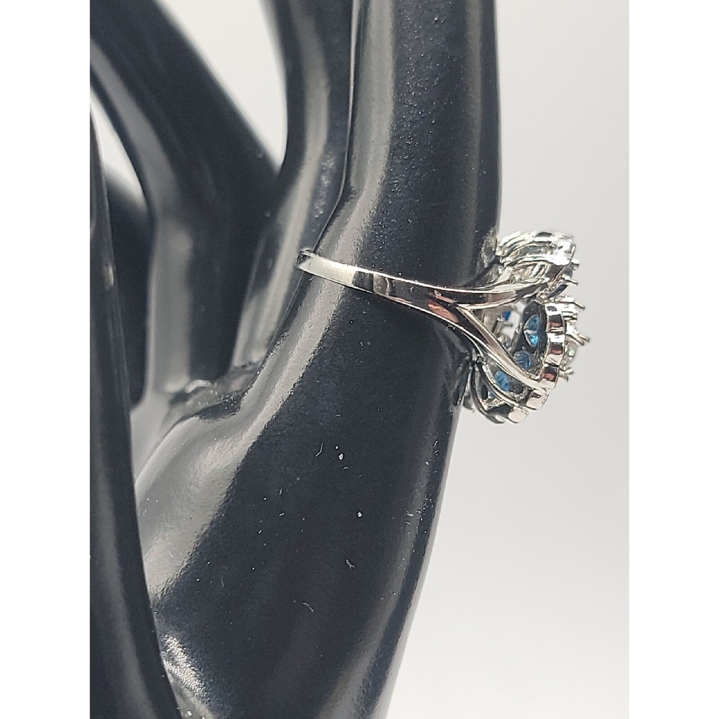 Sterling Silver Crystal Flower Ring Blue Clear Stones 925 Ruffled Petals SZ 9