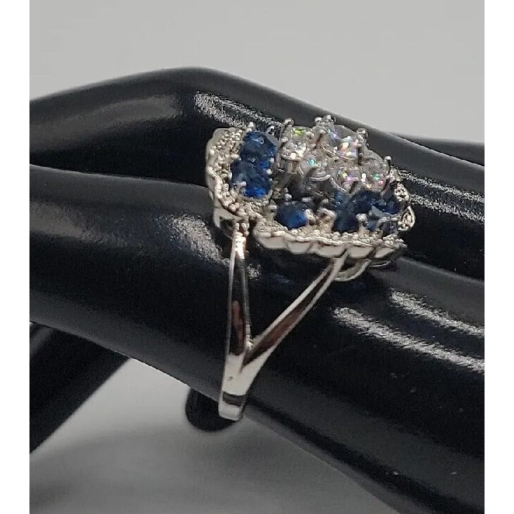 Sterling Silver Crystal Flower Ring Blue Clear Stones 925 Ruffled Petals SZ 9