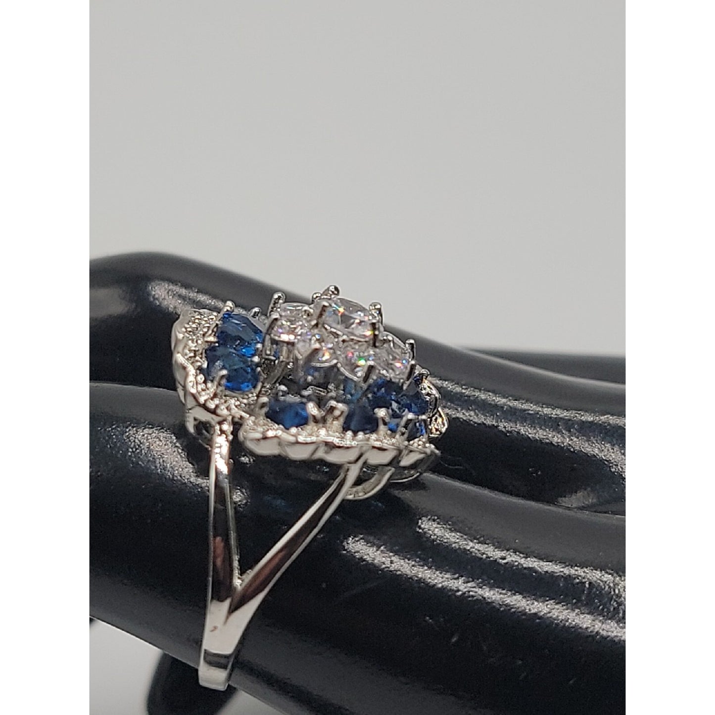 Sterling Silver Crystal Flower Ring Blue Clear Stones 925 Ruffled Petals SZ 9