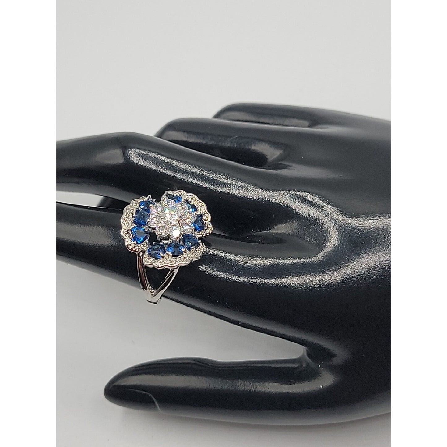 Sterling Silver Crystal Flower Ring Blue Clear Stones 925 Ruffled Petals SZ 9