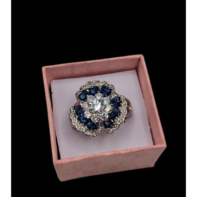 Sterling Silver Crystal Flower Ring Blue Clear Stones 925 Ruffled Petals SZ 9