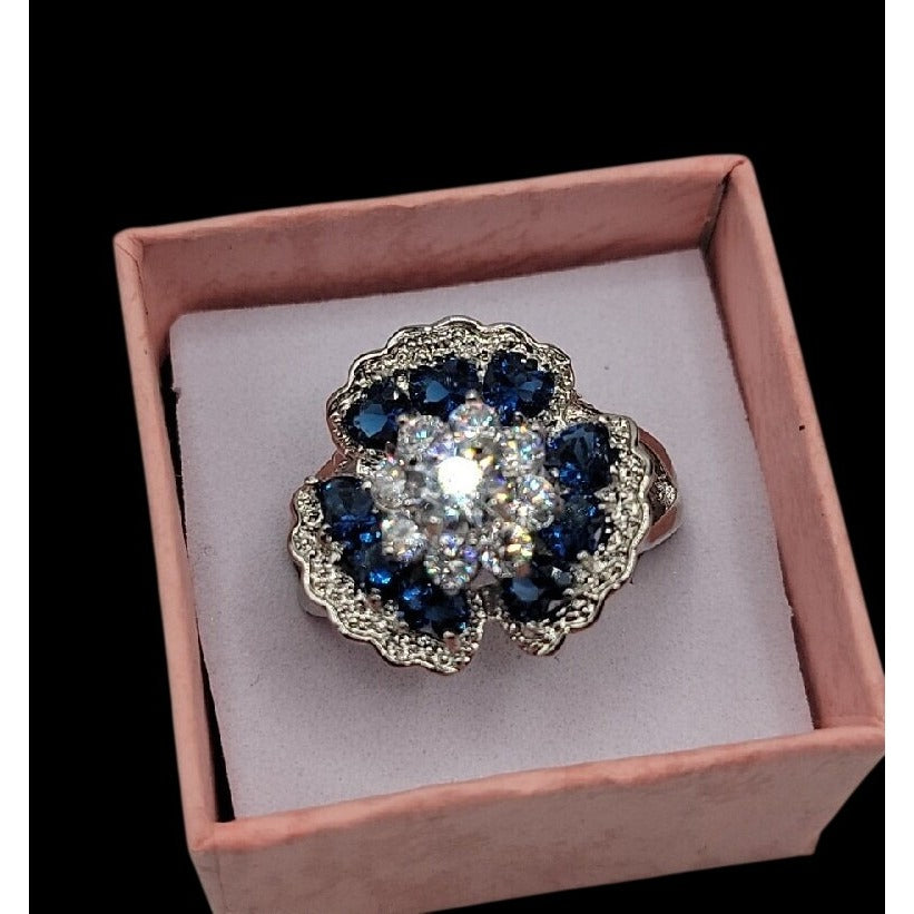 Sterling Silver Crystal Flower Ring Blue Clear Stones 925 Ruffled Petals SZ 9