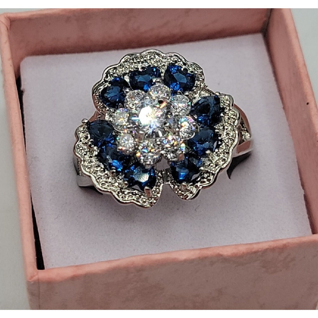Sterling Silver Crystal Flower Ring Blue Clear Stones 925 Ruffled Petals SZ 9