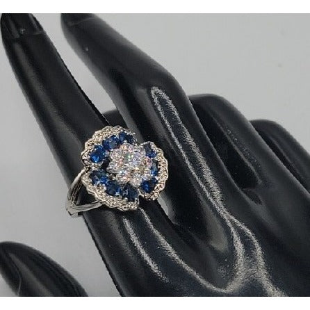 Sterling Silver Crystal Flower Ring Blue Clear Stones 925 Ruffled Petals SZ 9