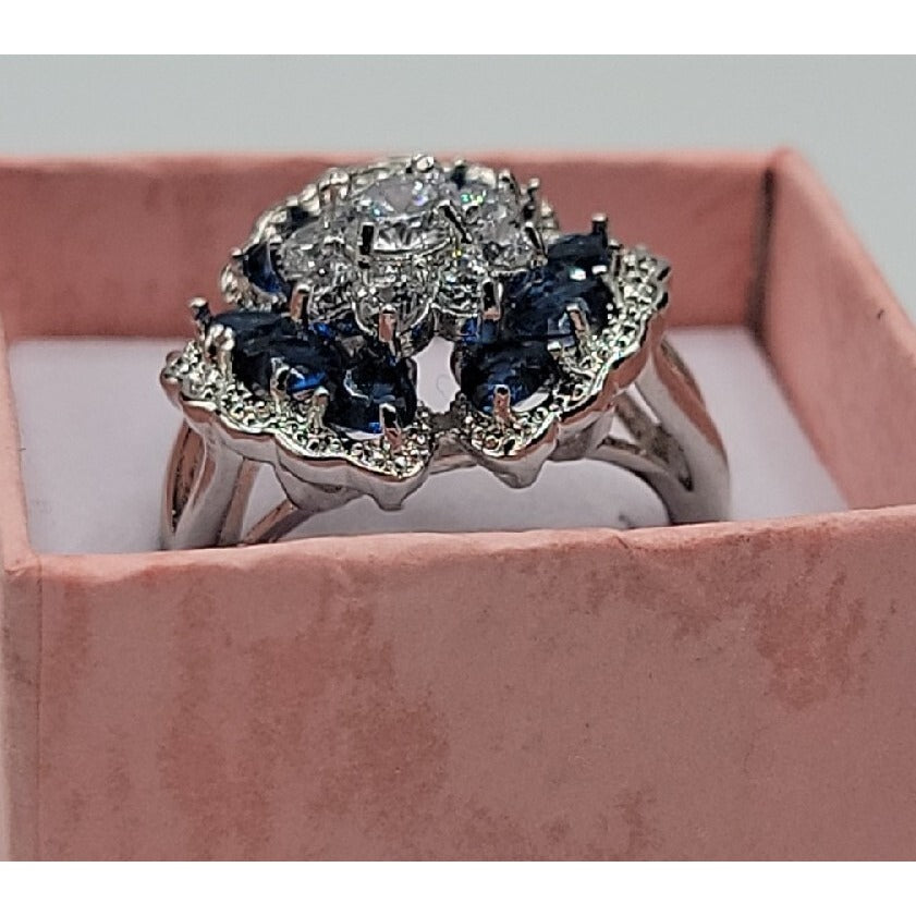Sterling Silver Crystal Flower Ring Blue Clear Stones 925 Ruffled Petals SZ 9