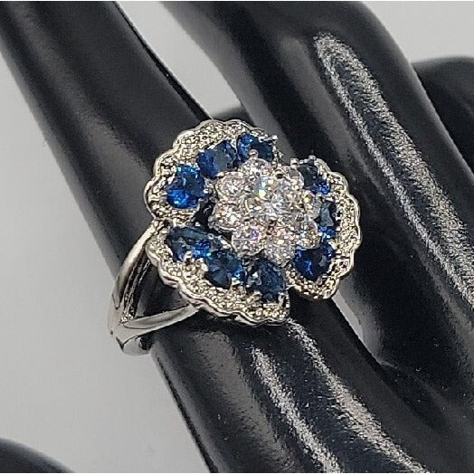 Sterling Silver Crystal Flower Ring Blue Clear Stones 925 Ruffled Petals SZ 9