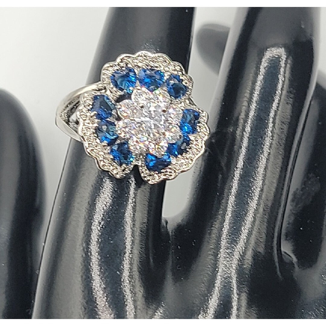 Sterling Silver Crystal Flower Ring Blue Clear Stones 925 Ruffled Petals SZ 9