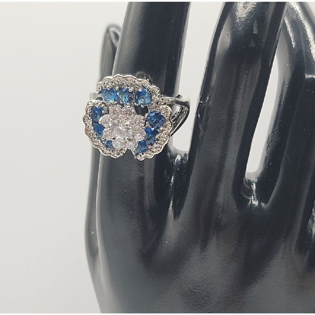 Sterling Silver Crystal Flower Ring Blue Clear Stones 925 Ruffled Petals SZ 9