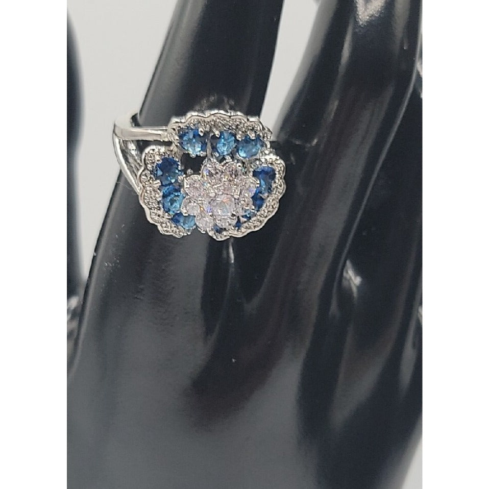 Sterling Silver Crystal Flower Ring Blue Clear Stones 925 Ruffled Petals SZ 9