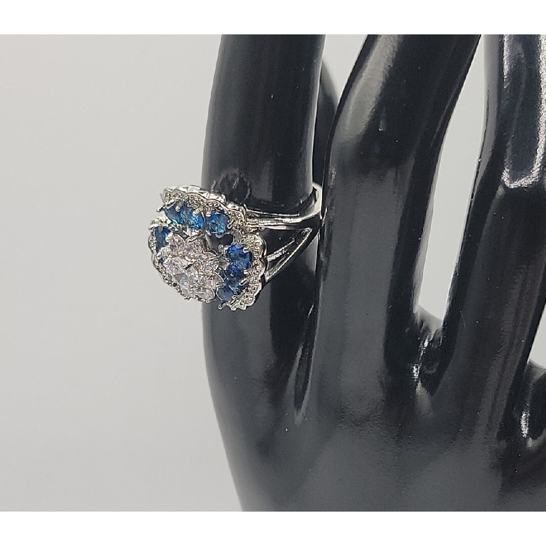 Sterling Silver Crystal Flower Ring Blue Clear Stones 925 Ruffled Petals SZ 9