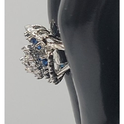 Sterling Silver Crystal Flower Ring Blue Clear Stones 925 Ruffled Petals SZ 9