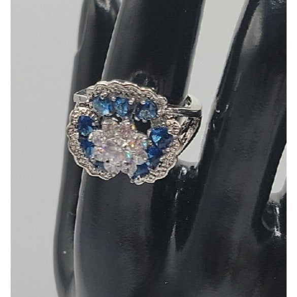 Sterling Silver Crystal Flower Ring Blue Clear Stones 925 Ruffled Petals SZ 9