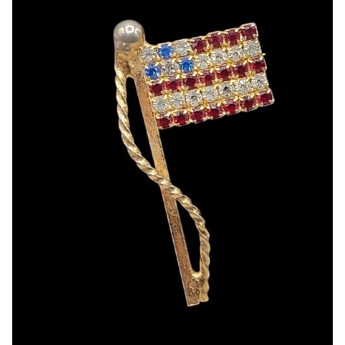 Vintage Rhinestone American Flag Lapel Pin With Gold-Tone Finish