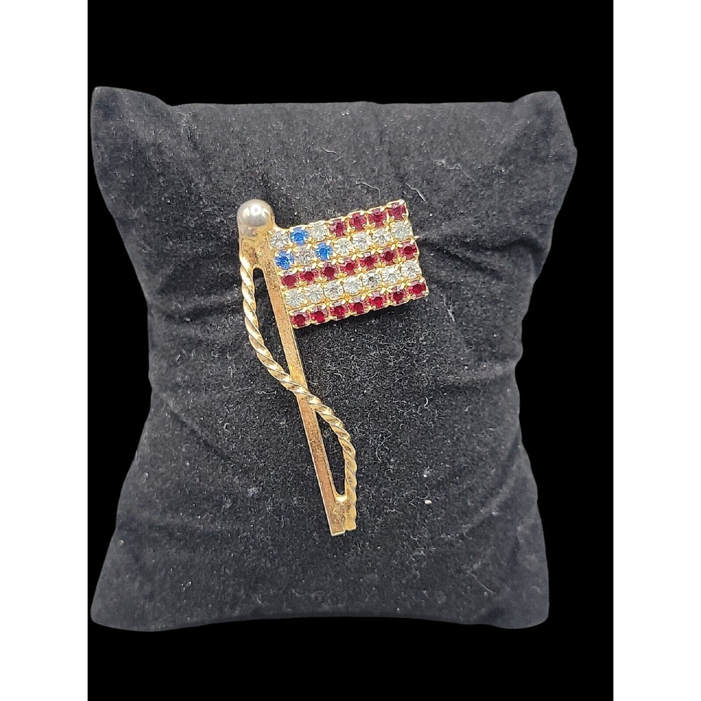 Vintage Rhinestone American Flag Lapel Pin With Gold-Tone Finish