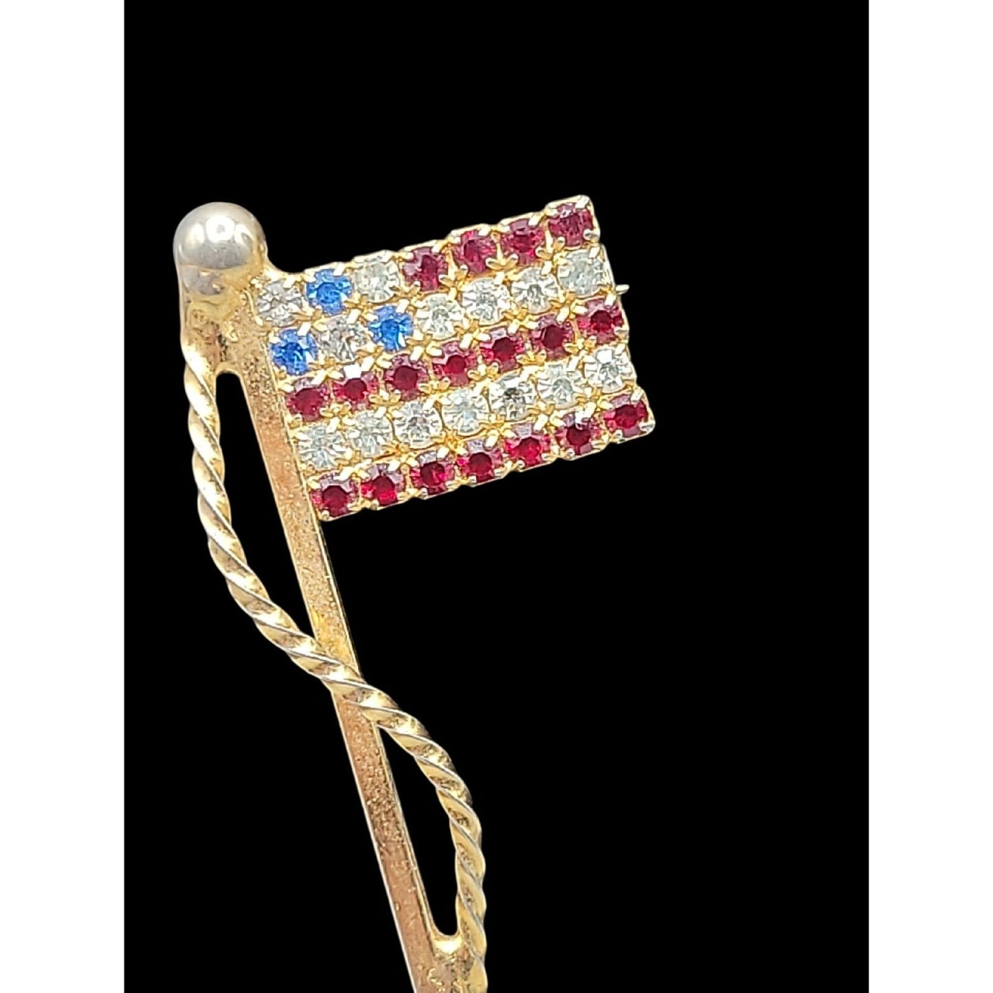 Vintage Rhinestone American Flag Lapel Pin With Gold-Tone Finish