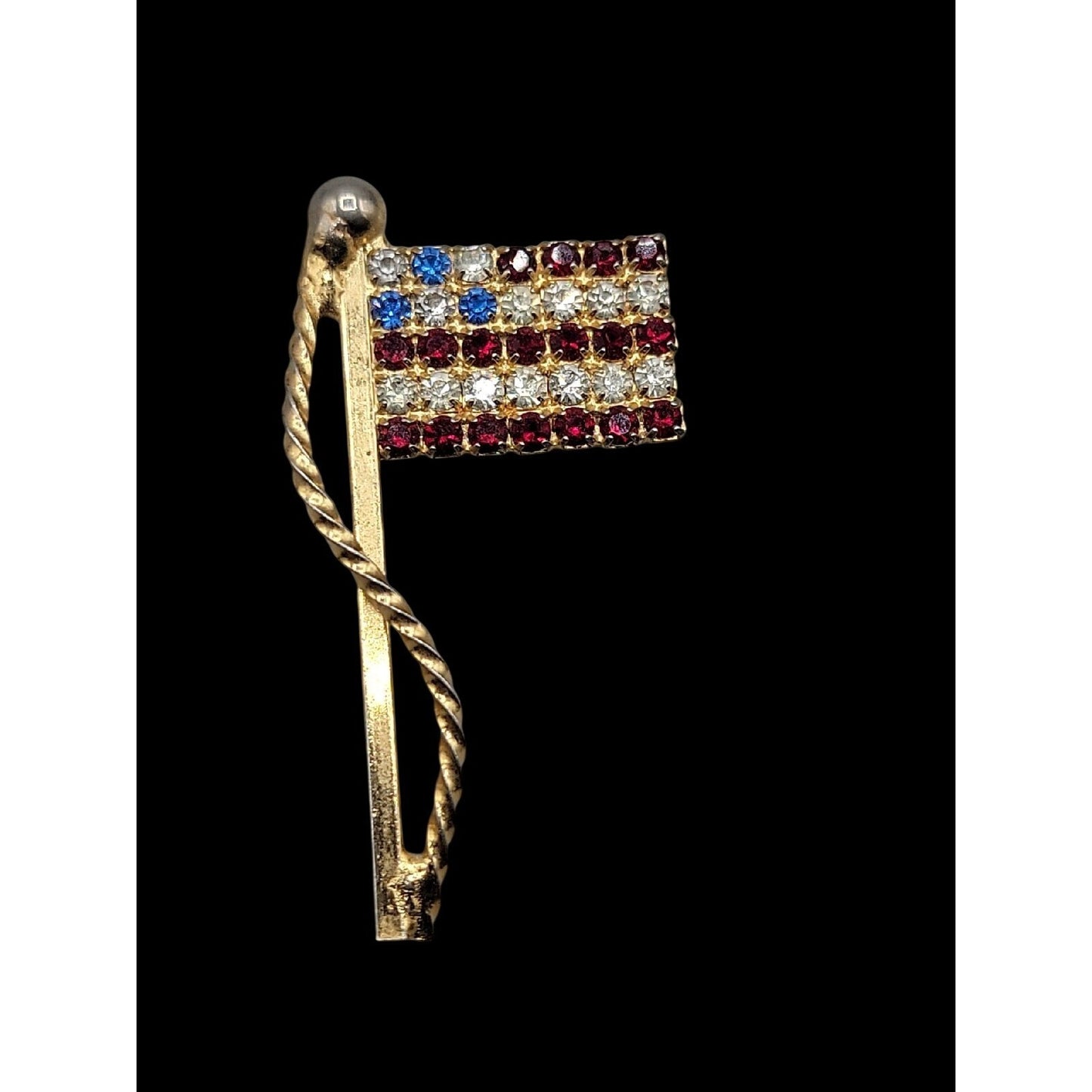 Vintage Rhinestone American Flag Lapel Pin With Gold-Tone Finish