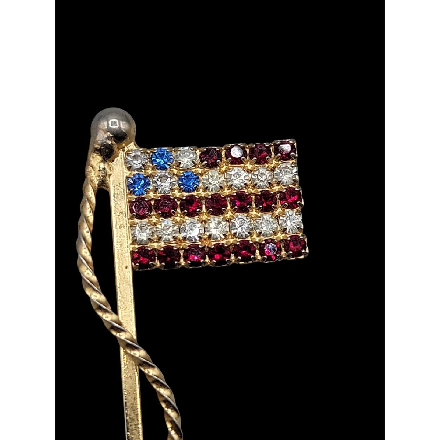 Vintage Rhinestone American Flag Lapel Pin With Gold-Tone Finish
