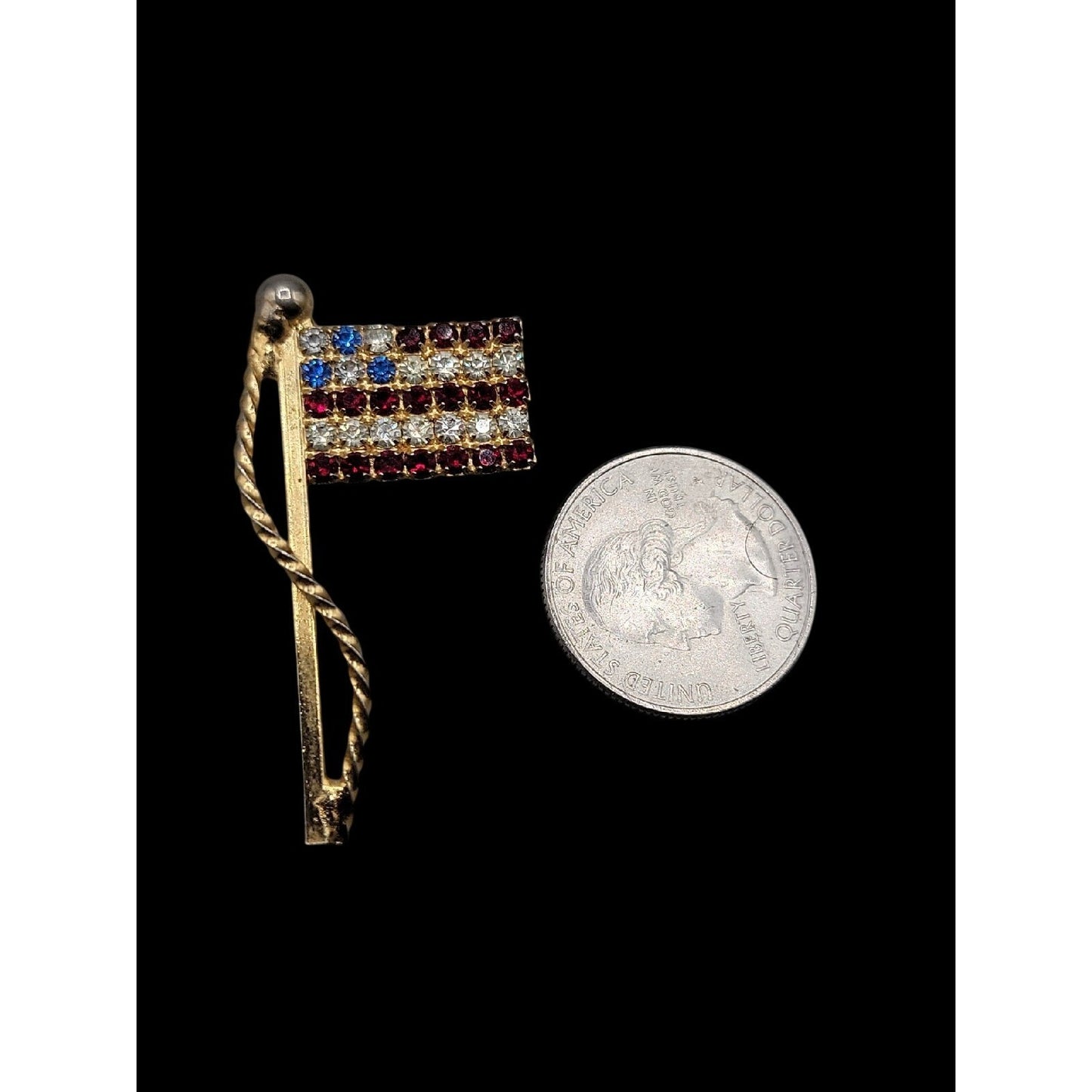 Vintage Rhinestone American Flag Lapel Pin With Gold-Tone Finish