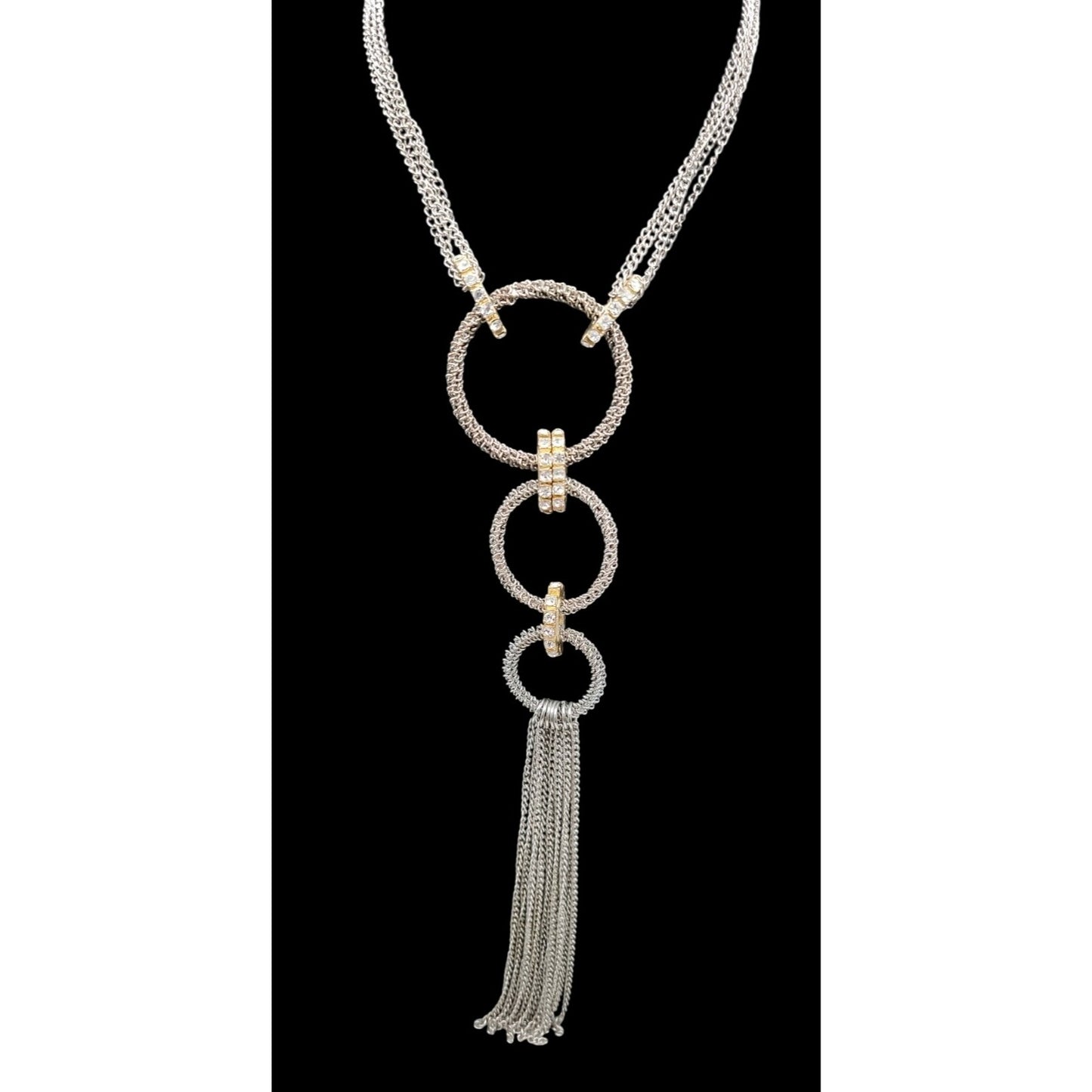 Traci Lynn Interlocking Ring Statement Tassel Necklace Silver Tone 24" Vintage