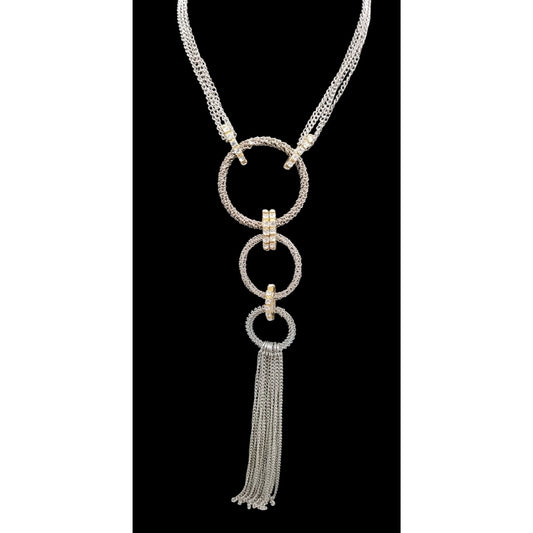 Traci Lynn Interlocking Ring Statement Tassel Necklace Silver Tone 24" Vintage
